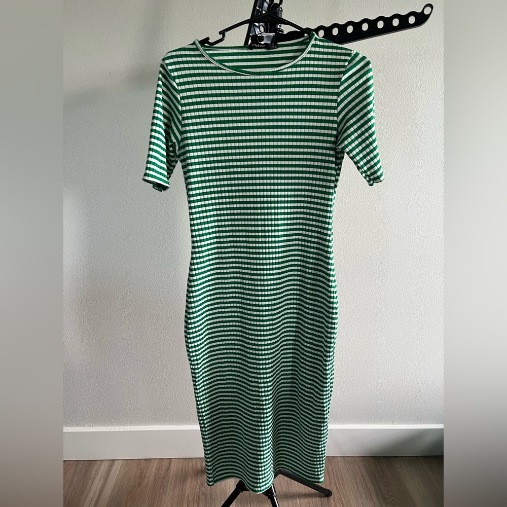 Boohoo Green and White Striped Midi Dress